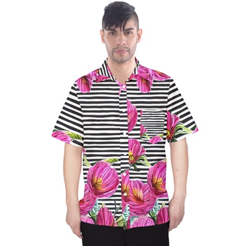 Pink Flowers Black Stripes Men s Hawaii Shirt by GardenOfOphir