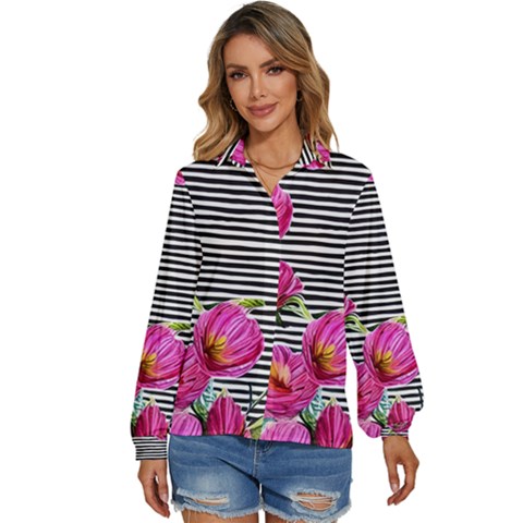 Pink Flowers Black Stripes Women s Long Sleeve Button Down Shirt by GardenOfOphir