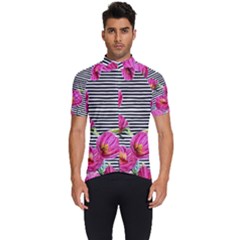 Pink Flowers Black Stripes Men s Short Sleeve Cycling Jersey