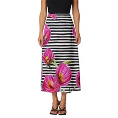 Pink Flowers Black Stripes Classic Midi Chiffon Skirt