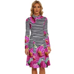 Pink Flowers Black Stripes Long Sleeve Shirt Collar A-line Dress