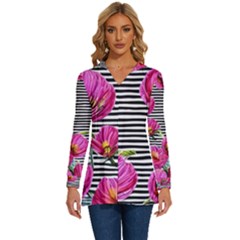 Pink Flowers Black Stripes Long Sleeve Drawstring Hooded Top