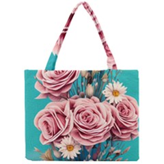 Coral Blush Rose On Teal Mini Tote Bag by GardenOfOphir