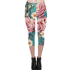 Coral Blush Rose On Teal Capri Leggings  by GardenOfOphir