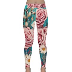 Coral Blush Rose On Teal Classic Yoga Leggings by GardenOfOphir