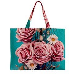 Coral Blush Rose On Teal Zipper Mini Tote Bag by GardenOfOphir