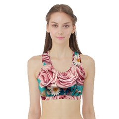 Coral Blush Rose On Teal Sports Bra With Border by GardenOfOphir