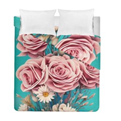 Coral Blush Rose On Teal Duvet Cover Double Side (full/ Double Size) by GardenOfOphir