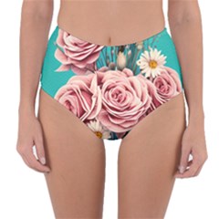 Coral Blush Rose On Teal Reversible High-waist Bikini Bottoms by GardenOfOphir