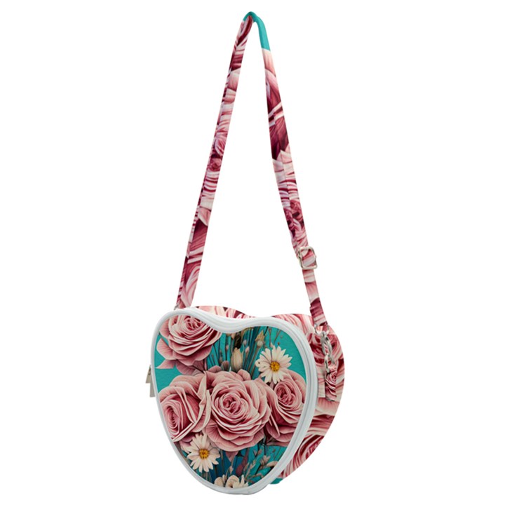 Coral Blush Rose on Teal Heart Shoulder Bag