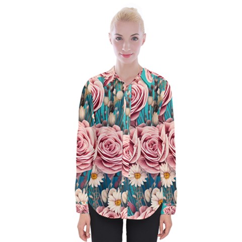 Coral Blush Rose On Teal Womens Long Sleeve Shirt by GardenOfOphir