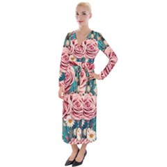 Coral Blush Rose On Teal Velvet Maxi Wrap Dress by GardenOfOphir