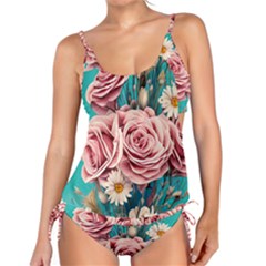 Coral Blush Rose On Teal Tankini Set by GardenOfOphir