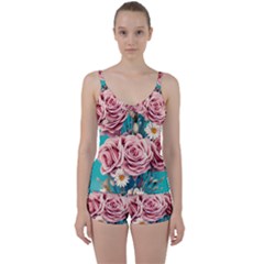 Coral Blush Rose On Teal Tie Front Two Piece Tankini by GardenOfOphir