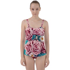 Coral Blush Rose On Teal Twist Front Tankini Set by GardenOfOphir