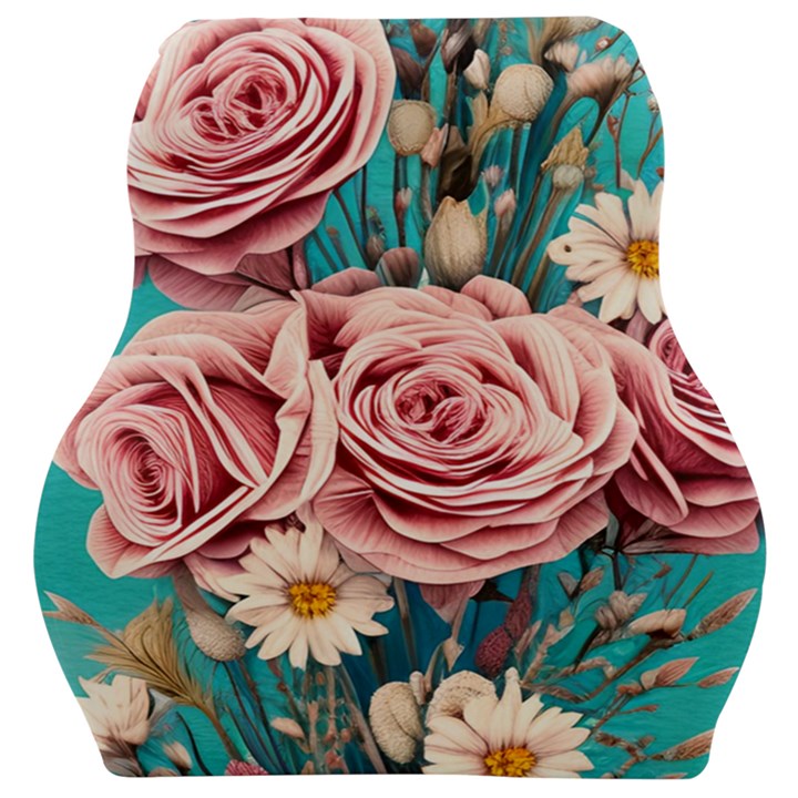 Coral Blush Rose on Teal Car Seat Velour Cushion 