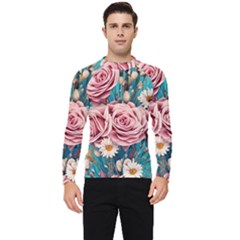 Coral Blush Rose On Teal Men s Long Sleeve Rash Guard by GardenOfOphir