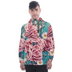 Coral Blush Rose On Teal Men s Front Pocket Pullover Windbreaker by GardenOfOphir