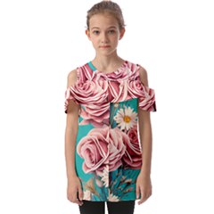 Coral Blush Rose On Teal Fold Over Open Sleeve Top