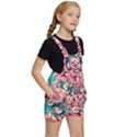 Coral Blush Rose on Teal Kids  Short Overalls View3