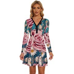 Coral Blush Rose On Teal Long Sleeve Deep V Mini Dress 