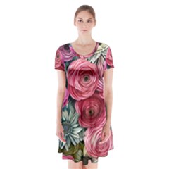 Charming Watercolor Flowers Short Sleeve V-neck Flare Dress by GardenOfOphir