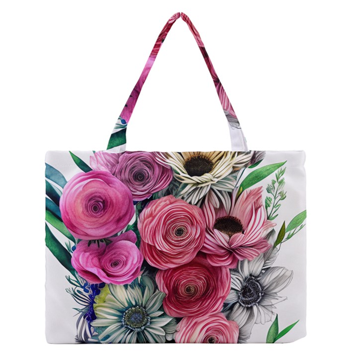 Charming Watercolor Flowers Zipper Medium Tote Bag