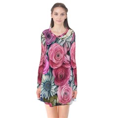 Charming Watercolor Flowers Long Sleeve V-neck Flare Dress by GardenOfOphir