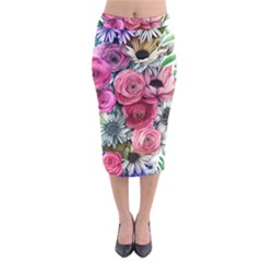 Charming Watercolor Flowers Velvet Midi Pencil Skirt by GardenOfOphir