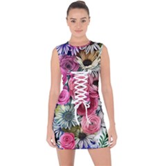 Charming Watercolor Flowers Lace Up Front Bodycon Dress by GardenOfOphir