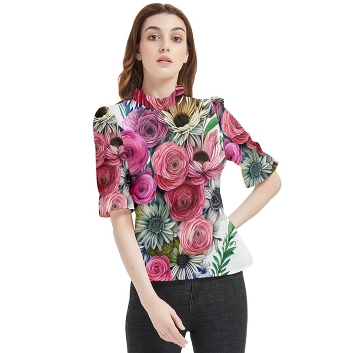 Charming Watercolor Flowers Frill Neck Blouse