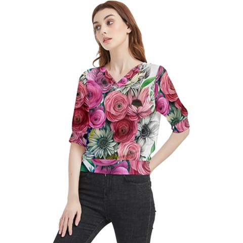 Charming Watercolor Flowers Quarter Sleeve Blouse by GardenOfOphir