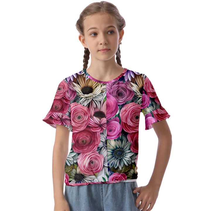 Charming Watercolor Flowers Kids  Cuff Sleeve Scrunch Bottom Tee