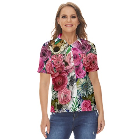 Charming Watercolor Flowers Women s Short Sleeve Double Pocket Shirt by GardenOfOphir