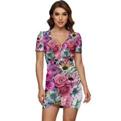 Charming Watercolor Flowers Low Cut Cap Sleeve Mini Dress