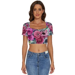 Charming Watercolor Flowers Short Sleeve Square Neckline Crop Top 