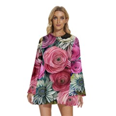 Charming Watercolor Flowers Round Neck Long Sleeve Bohemian Style Chiffon Mini Dress