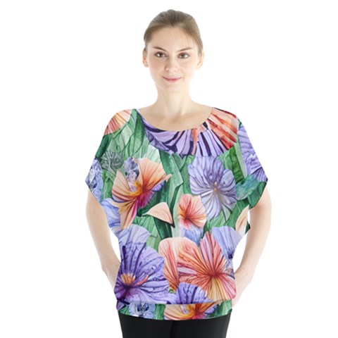 Amazing Watercolor Flowers Batwing Chiffon Blouse by GardenOfOphir