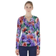 Amazing Watercolor Flowers V-neck Long Sleeve Top by GardenOfOphir