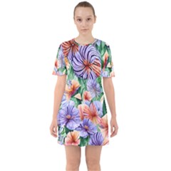 Amazing Watercolor Flowers Sixties Short Sleeve Mini Dress by GardenOfOphir