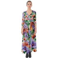 Amazing Watercolor Flowers Button Up Boho Maxi Dress by GardenOfOphir