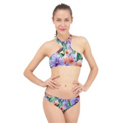 Amazing Watercolor Flowers High Neck Bikini Set by GardenOfOphir