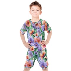 Amazing Watercolor Flowers Kids  Tee And Shorts Set by GardenOfOphir