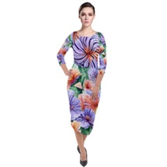 Amazing Watercolor Flowers Quarter Sleeve Midi Velour Bodycon Dress by GardenOfOphir