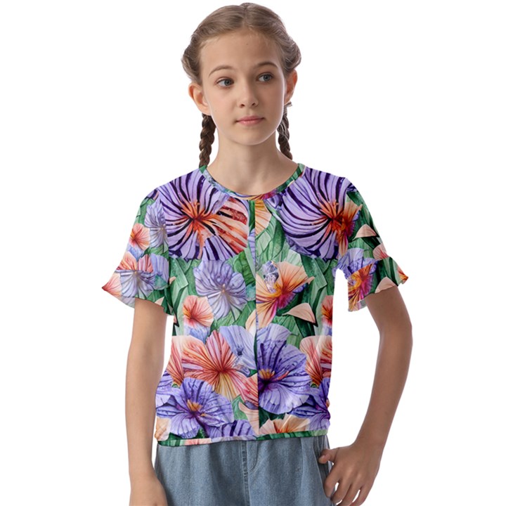 Amazing Watercolor Flowers Kids  Cuff Sleeve Scrunch Bottom Tee