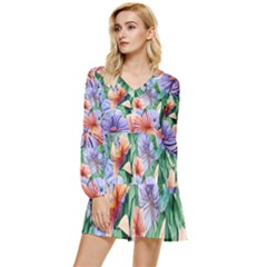 Amazing Watercolor Flowers Tiered Long Sleeve Mini Dress by GardenOfOphir