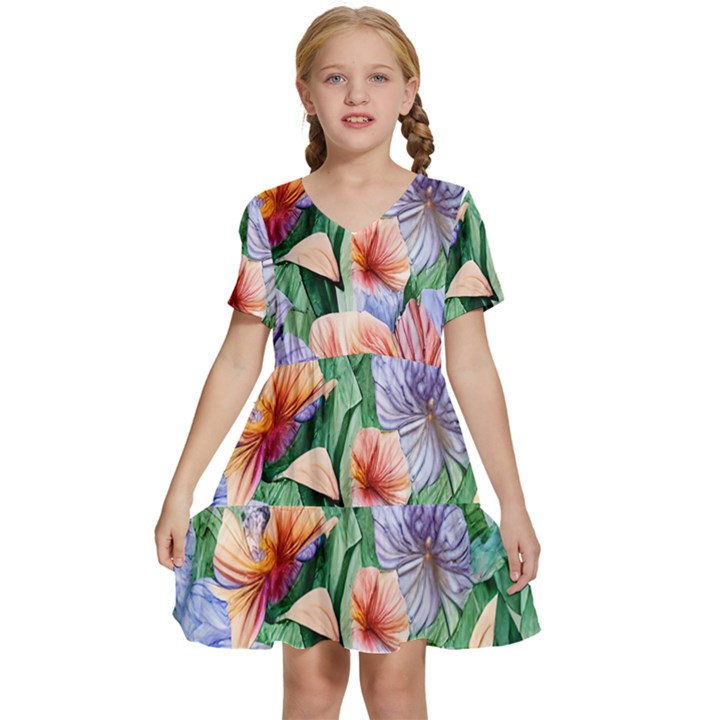 Amazing Watercolor Flowers Kids  Short Sleeve Tiered Mini Dress