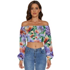 Amazing Watercolor Flowers Long Sleeve Crinkled Weave Crop Top by GardenOfOphir