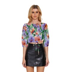 Amazing Watercolor Flowers Mid Sleeve Drawstring Hem Top