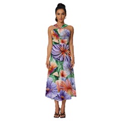 Amazing Watercolor Flowers Sleeveless Cross Front Cocktail Midi Chiffon Dress